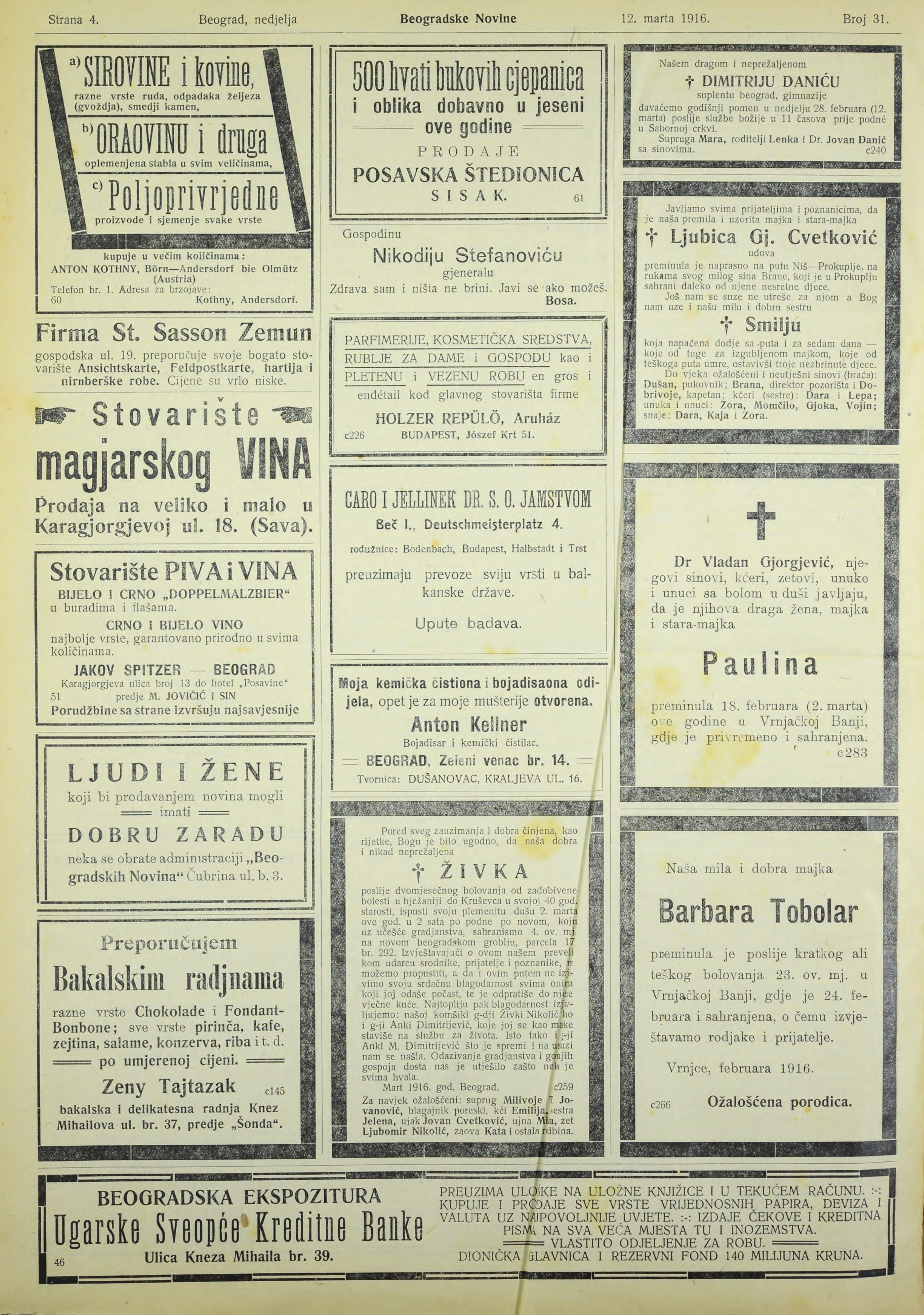 Dobový inzerát a noviny z roku 1916